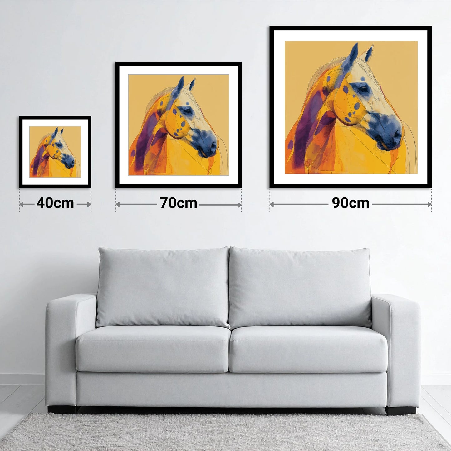 Radiant Appaloosa Profile - size guide showing 40cm, 70cm and 90cm art prints