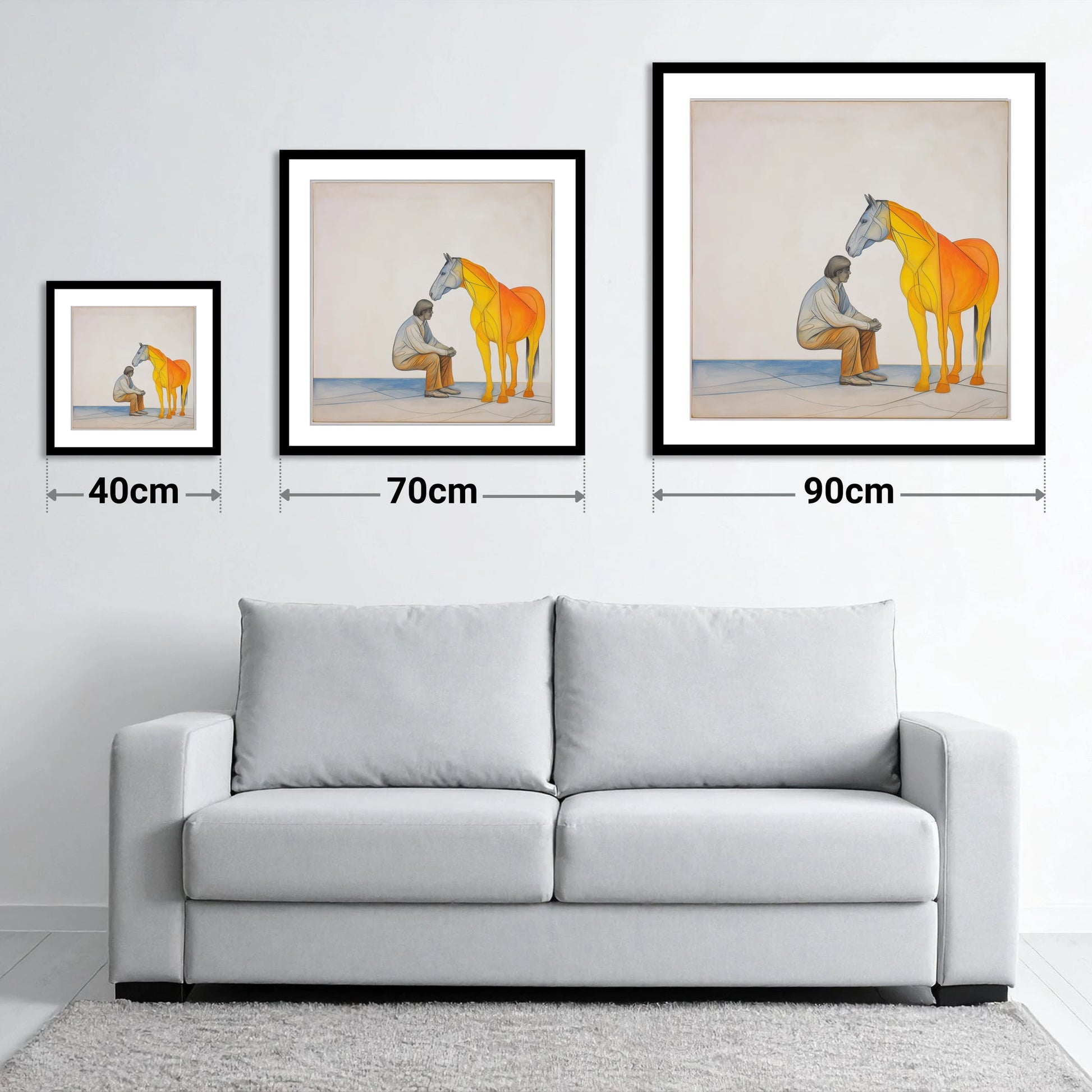 Silent Understanding - size guide showing 40cm, 70cm and 90cm art prints