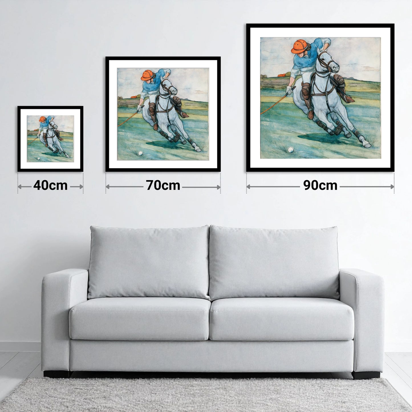 The Nearside Strike - size guide showing 40cm, 70cm and 90cm art prints