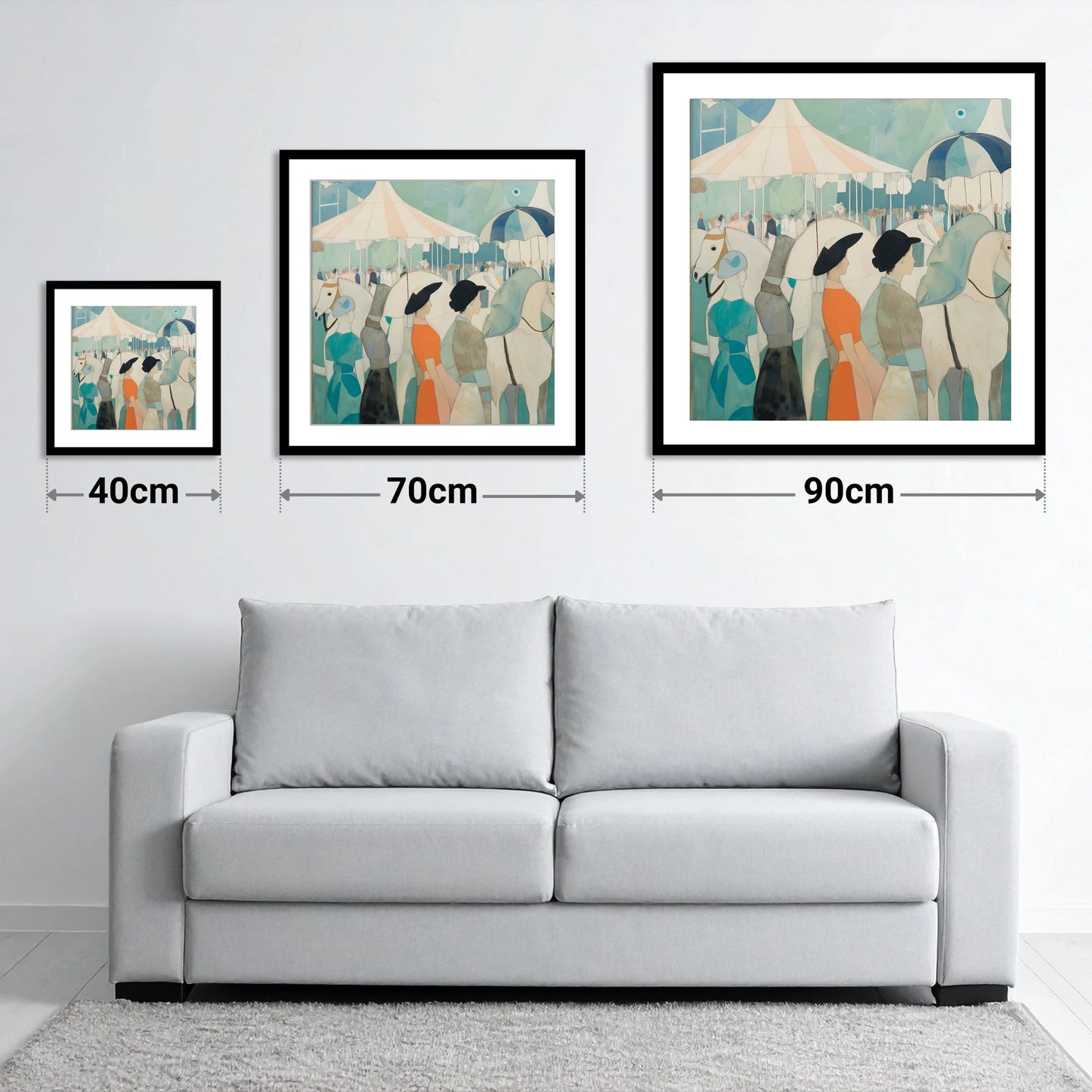 Trackside Elegance - size guide showing 40cm, 70cm and 90cm art prints