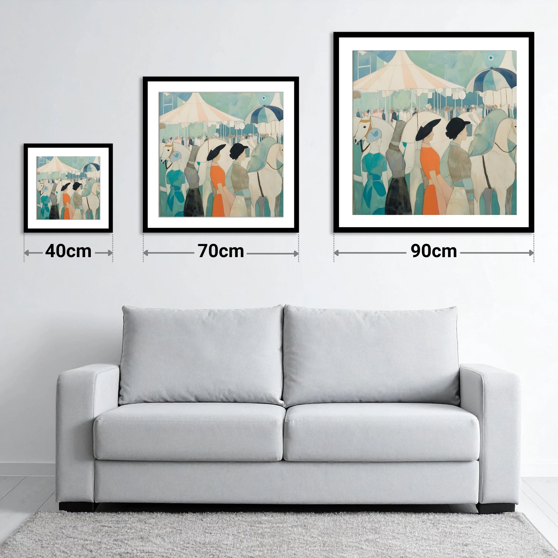 Trackside Elegance - size guide showing 40cm, 70cm and 90cm art prints
