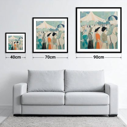 Trackside Elegance - size guide showing 40cm, 70cm and 90cm art prints