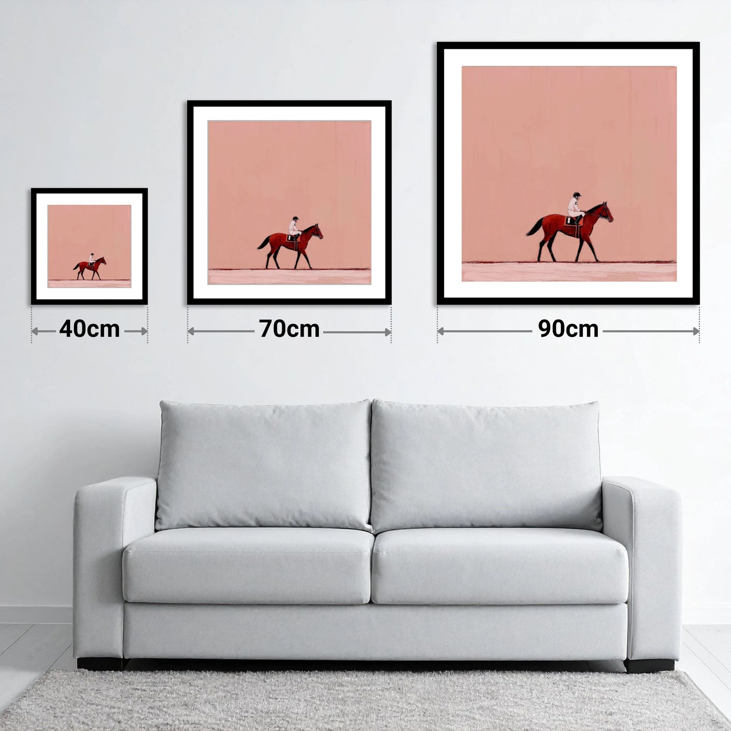 The Quiet Walk - size guide showing 40cm, 70cm and 90cm art prints