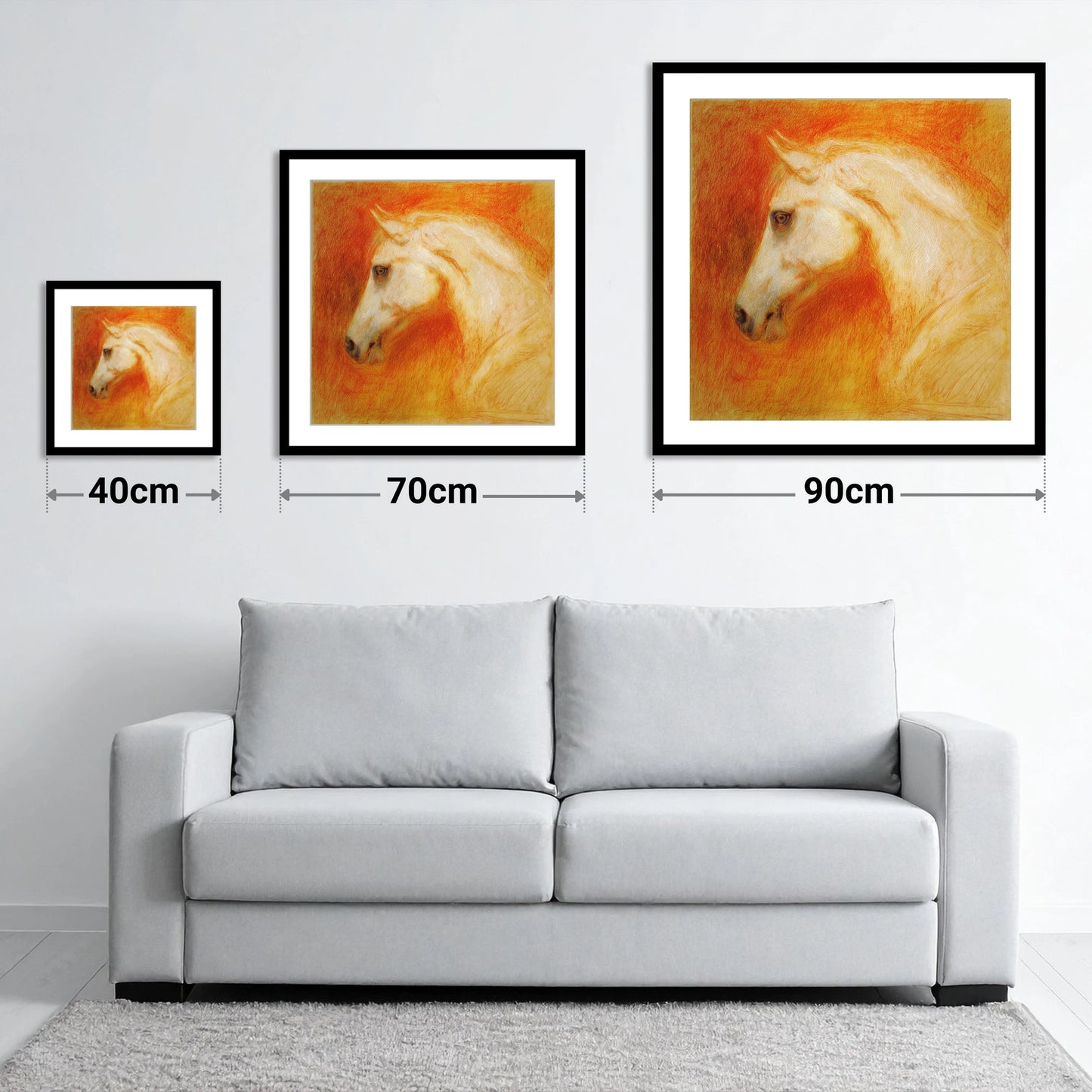 Terracotta Spirit - size guide showing 40cm, 70cm and 90cm art prints