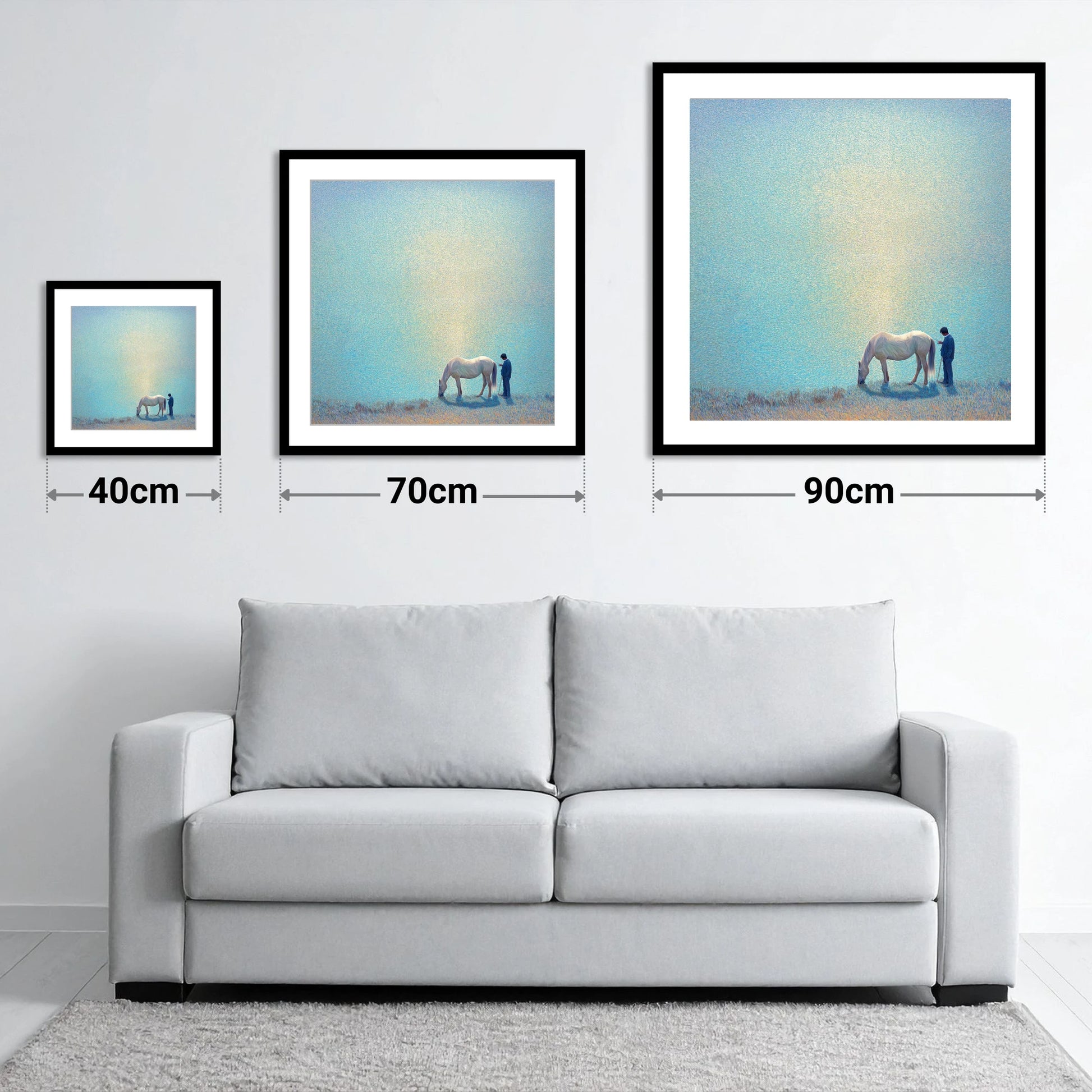 Beside Still Waters - size guide showing 40cm, 70cm and 90cm art prints