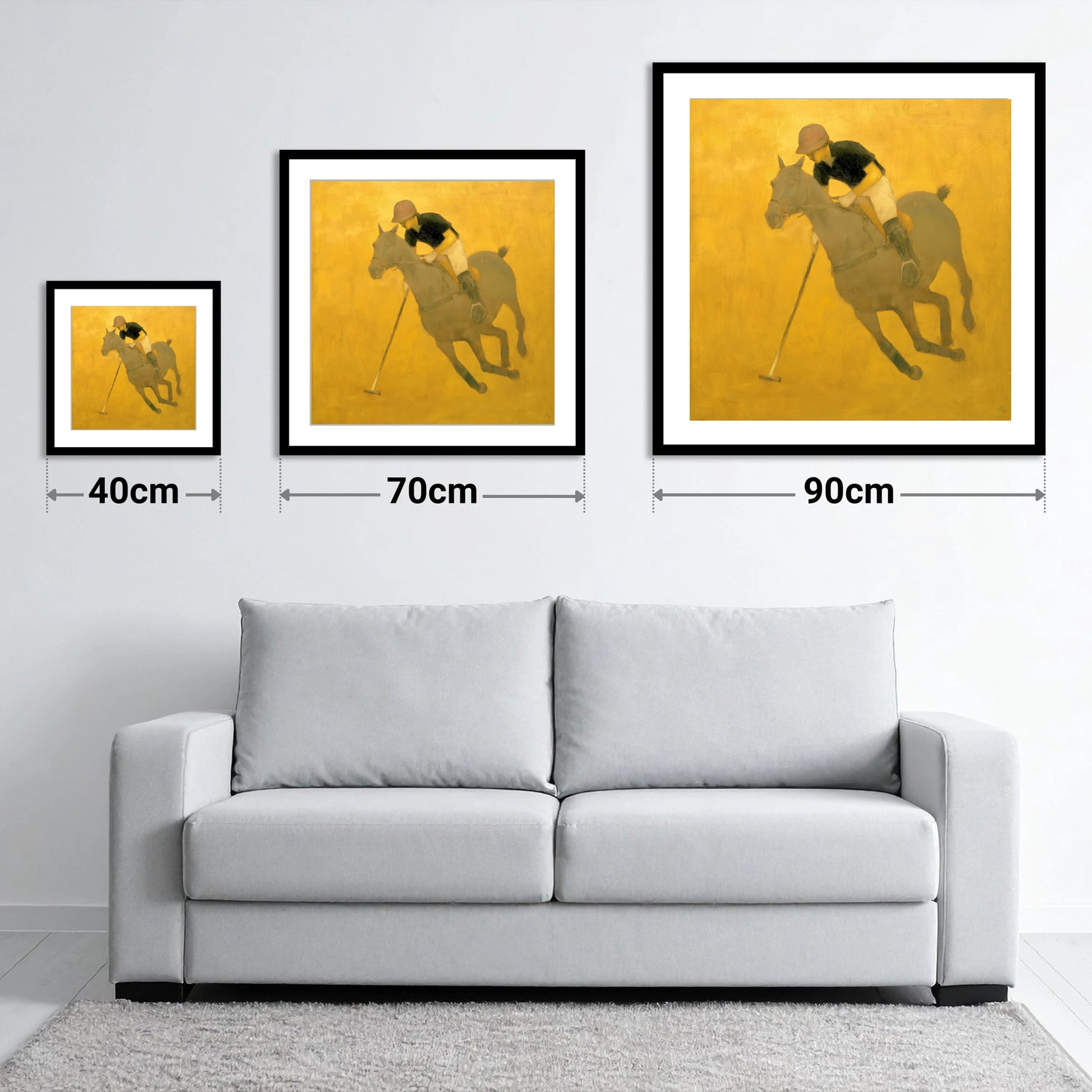 Golden Chukka - size guide showing 40cm, 70cm and 90cm art prints