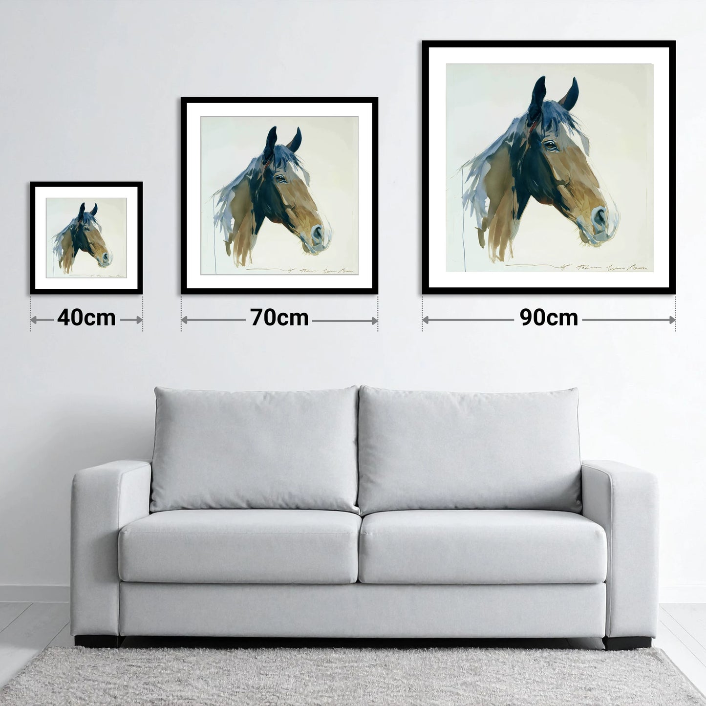 Indigo Wash Bay Portrait - size guide showing 40cm, 70cm and 90cm art prints