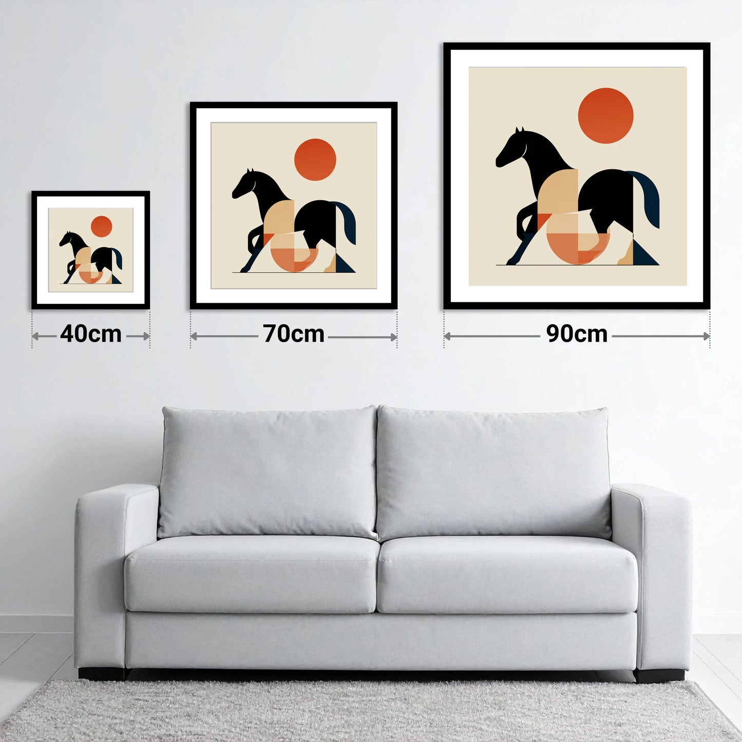 Geometric Equine Form - size guide showing 40cm, 70cm and 90cm art prints