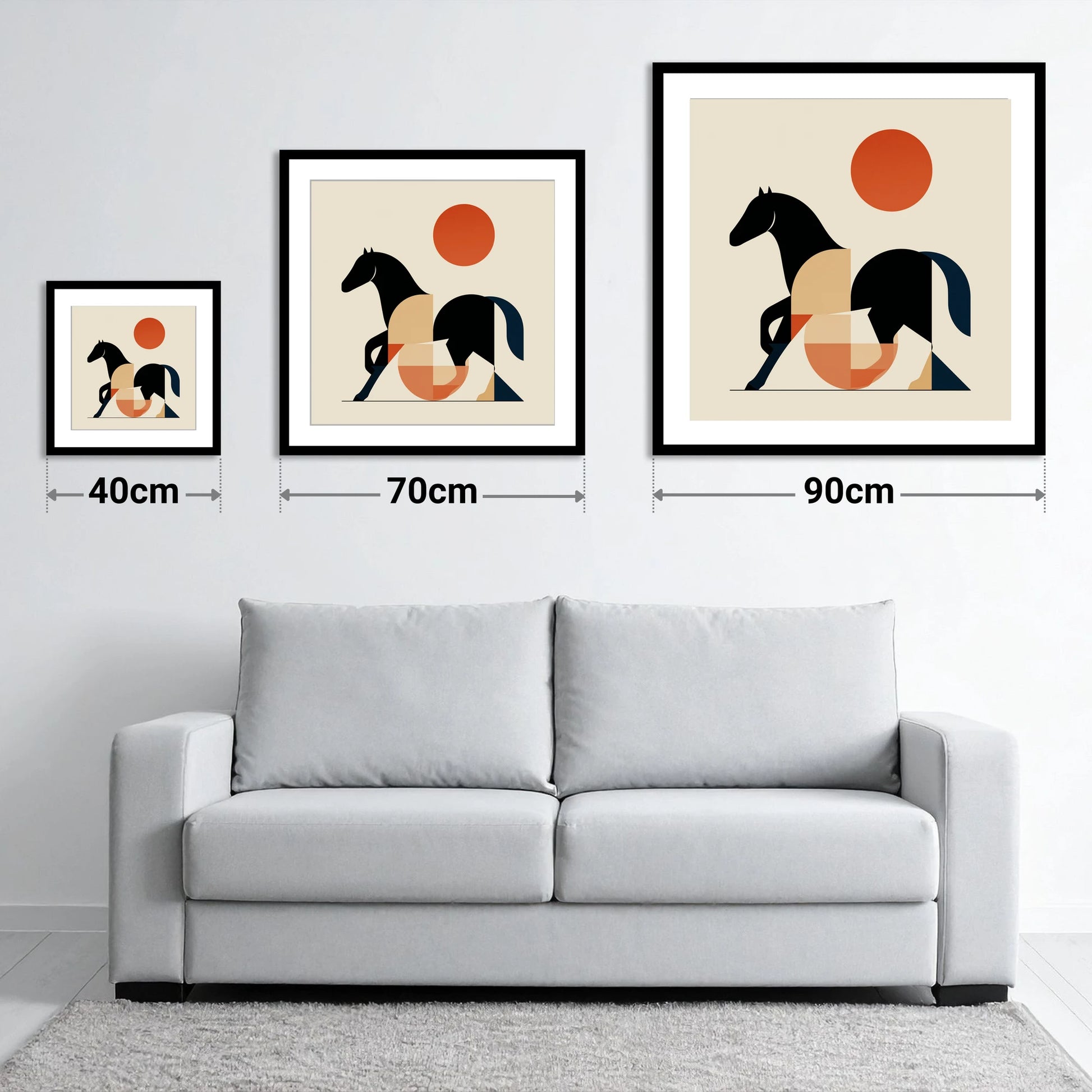 Geometric Equine Form - size guide showing 40cm, 70cm and 90cm art prints