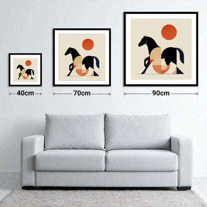 Geometric Equine Form - size guide showing 40cm, 70cm and 90cm art prints