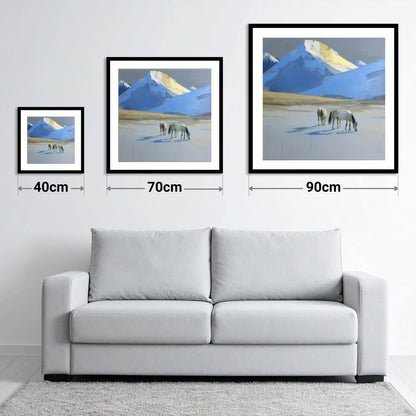 Golden Peak Grazing - size guide showing 40cm, 70cm and 90cm art prints