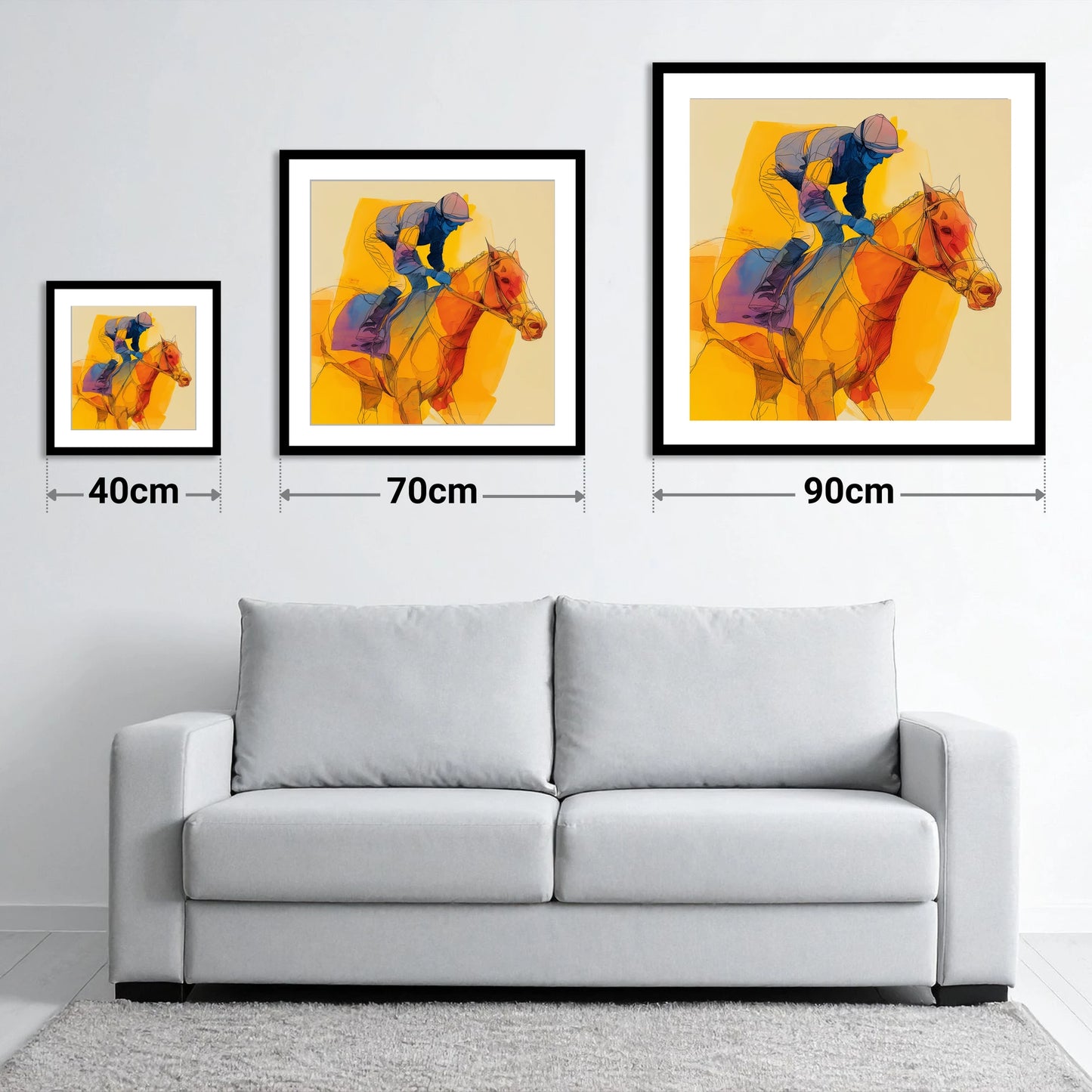 The Final Furlong - size guide showing 40cm, 70cm and 90cm art prints