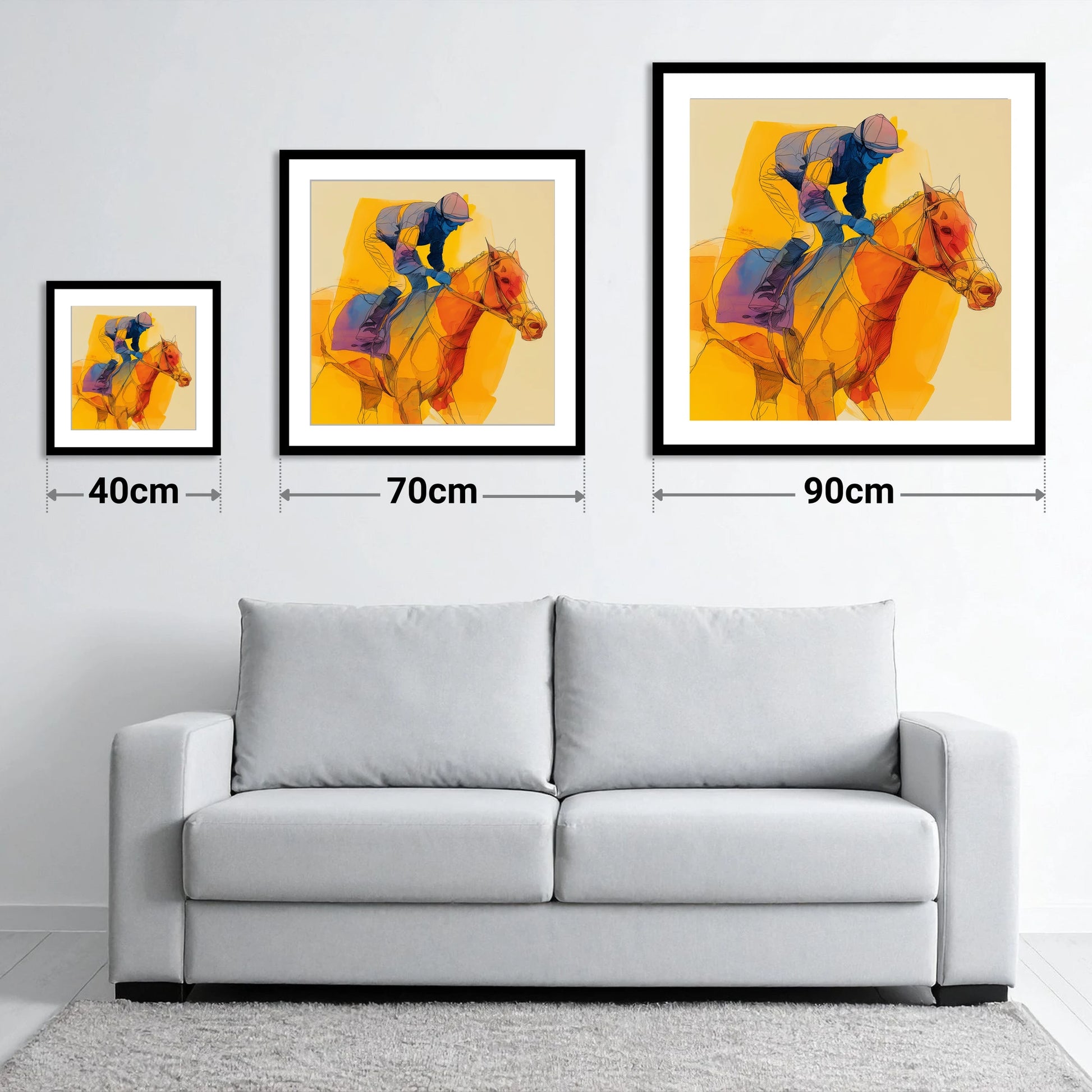 The Final Furlong - size guide showing 40cm, 70cm and 90cm art prints