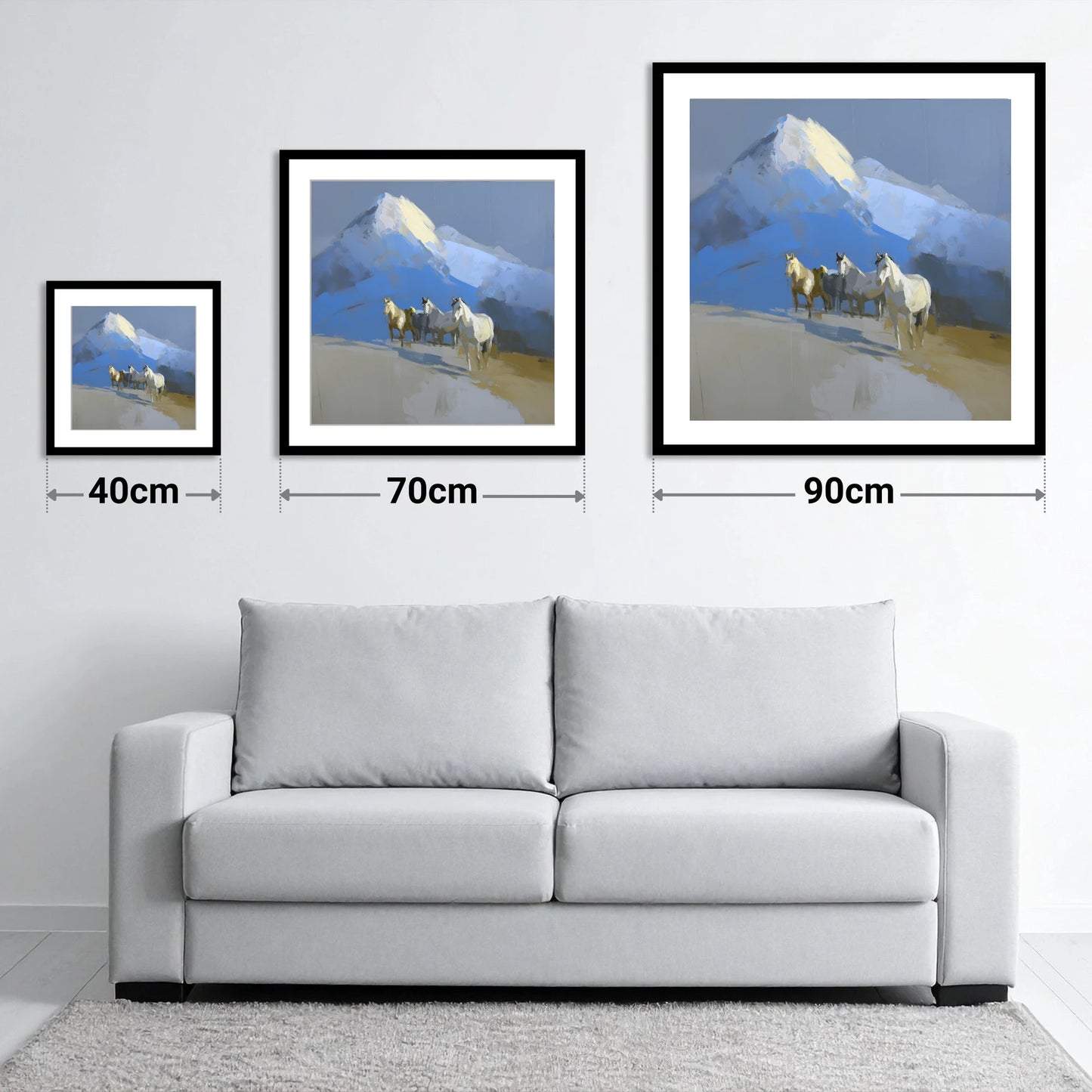 Sunlit Alpine Herd - size guide showing 40cm, 70cm and 90cm art prints