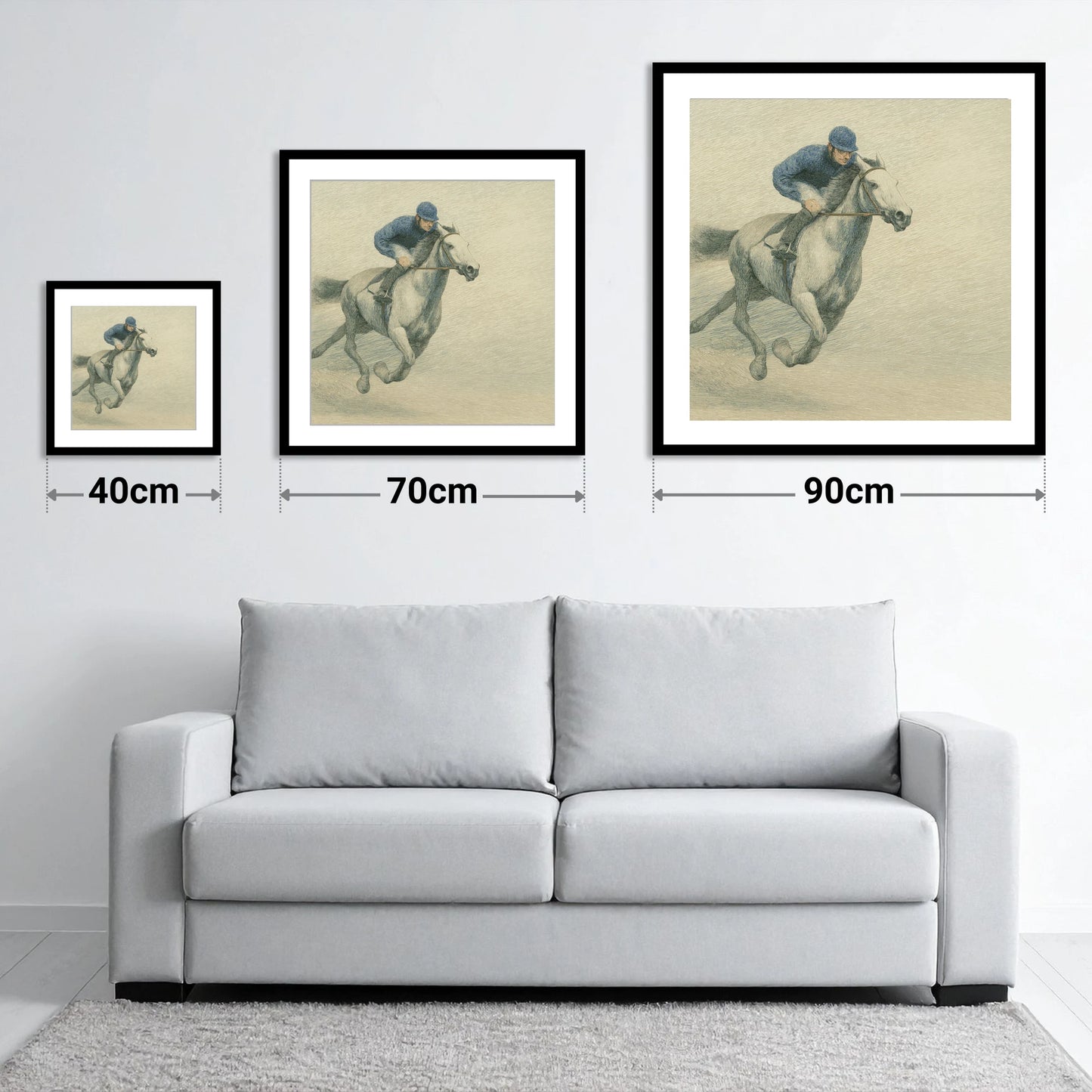 Racing the Grey - size guide showing 40cm, 70cm and 90cm art prints