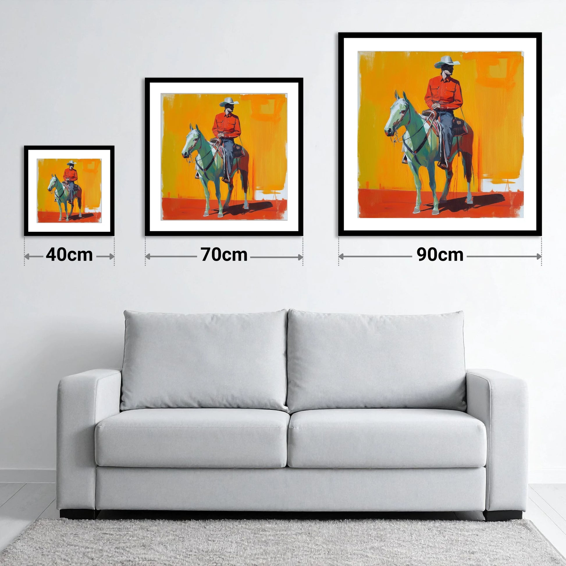 The Bright Frontier - size guide showing 40cm, 70cm and 90cm art prints