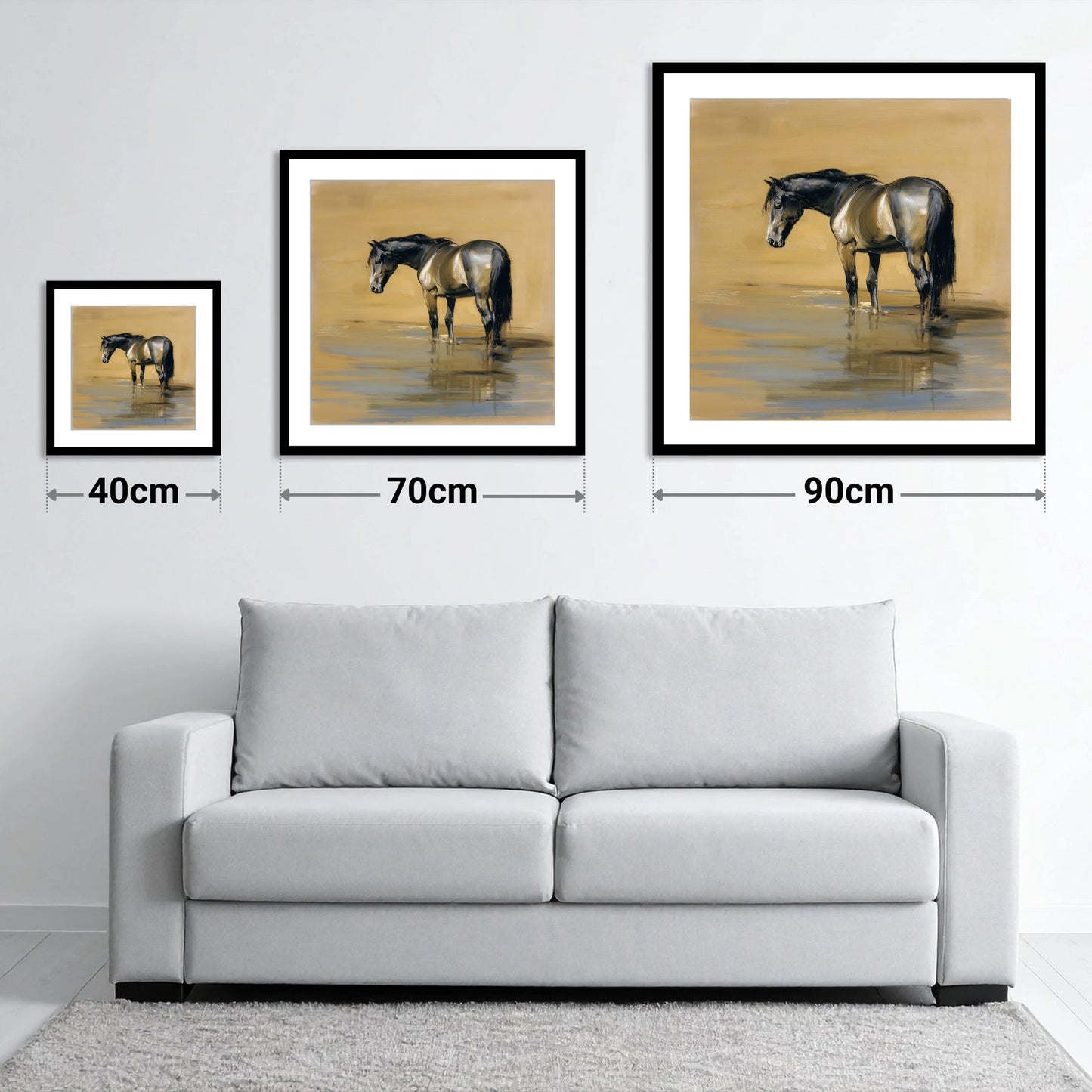 Reflection in Ochre - size guide showing 40cm, 70cm and 90cm art prints