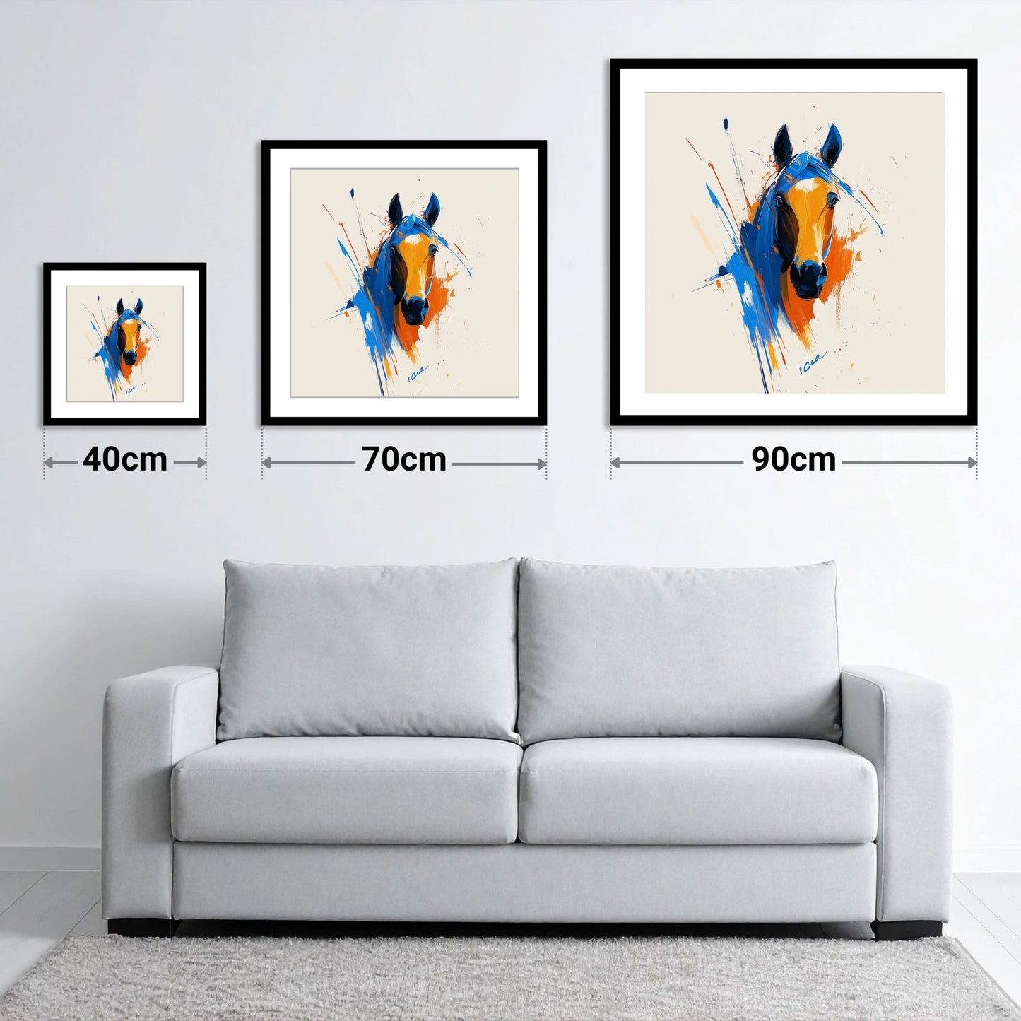 Indigo and Fire - size guide showing 40cm, 70cm and 90cm art prints