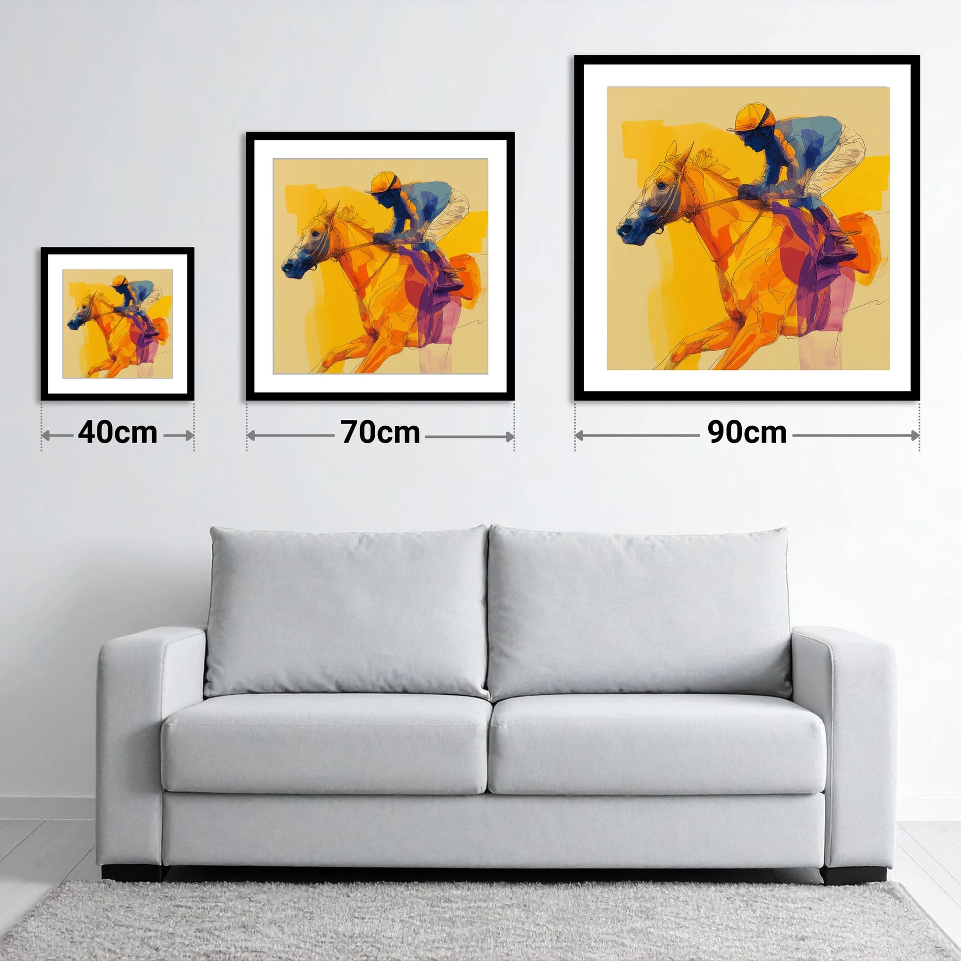 Golden Stride - size guide showing 40cm, 70cm and 90cm art prints