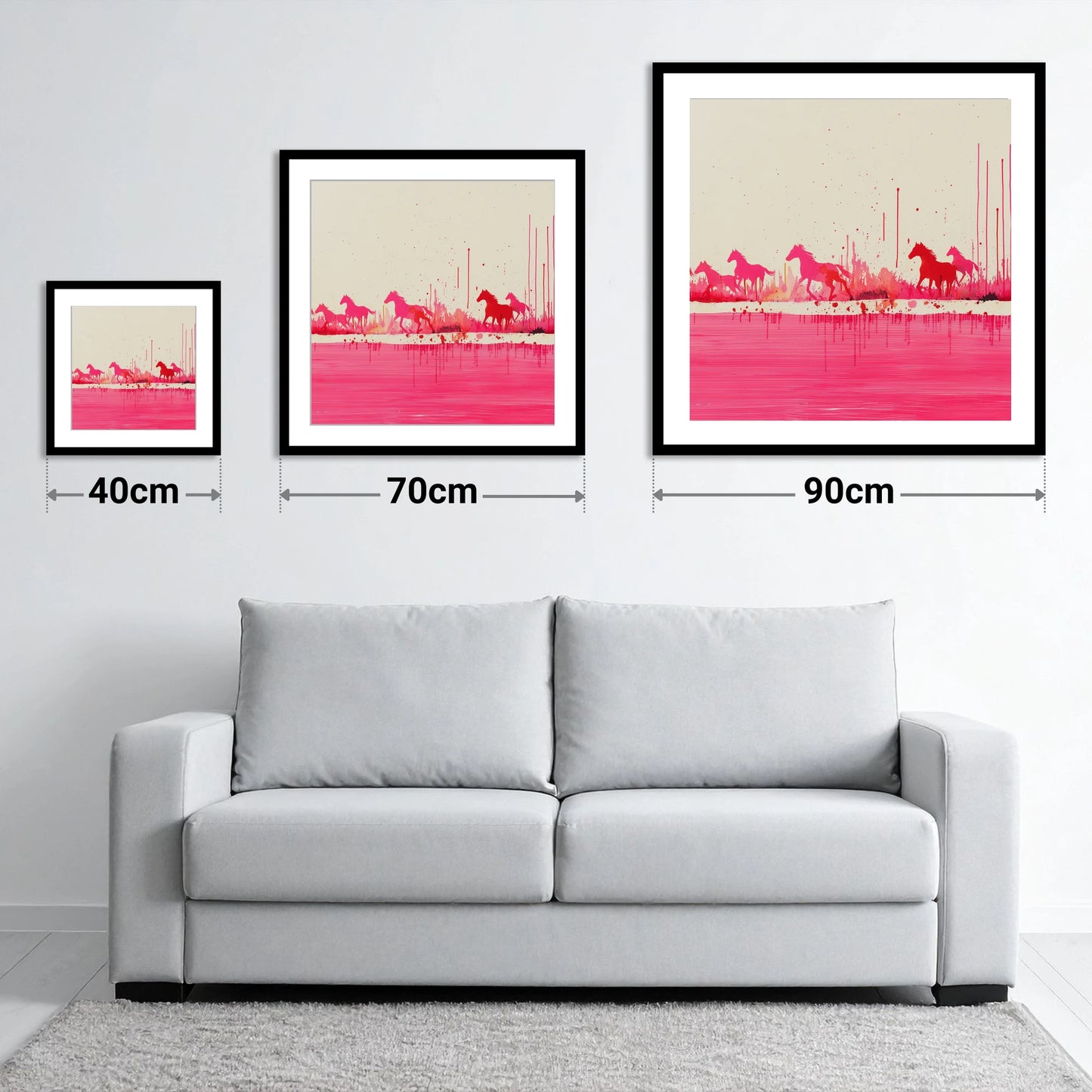 Crimson Gallop - size guide showing 40cm, 70cm and 90cm art prints