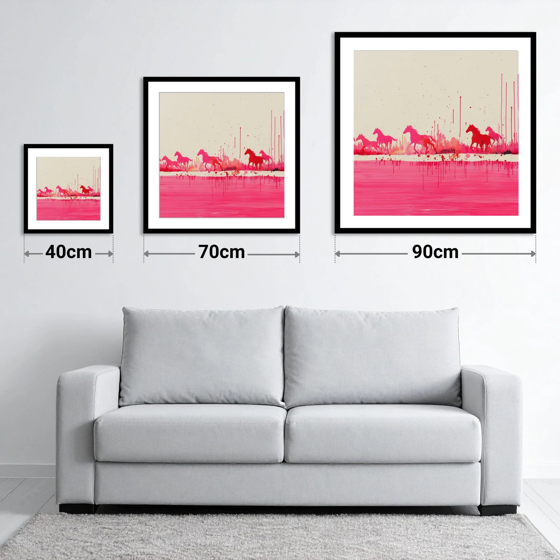 Crimson Gallop - size guide showing 40cm, 70cm and 90cm art prints