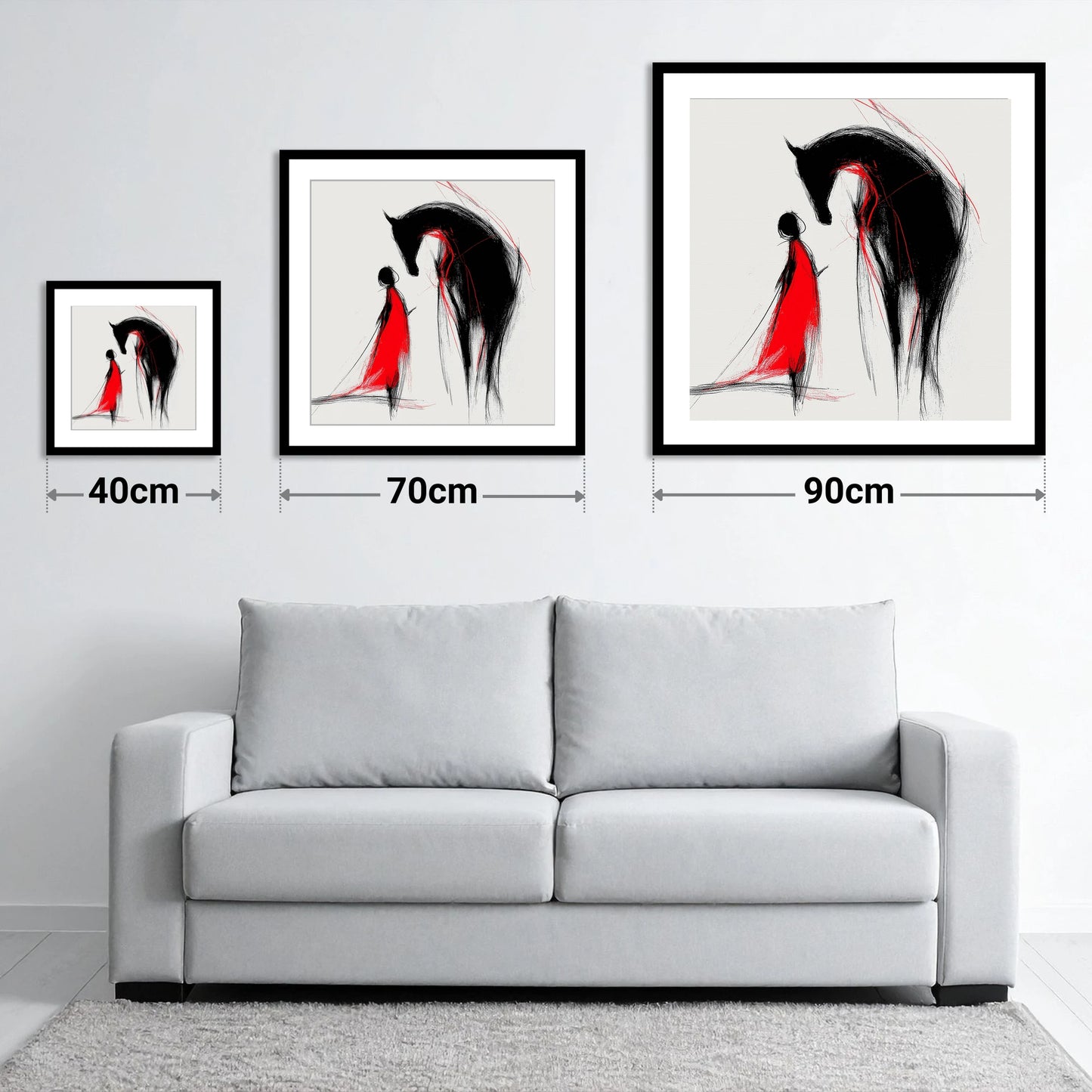 Crimson Bond - size guide showing 40cm, 70cm and 90cm art prints