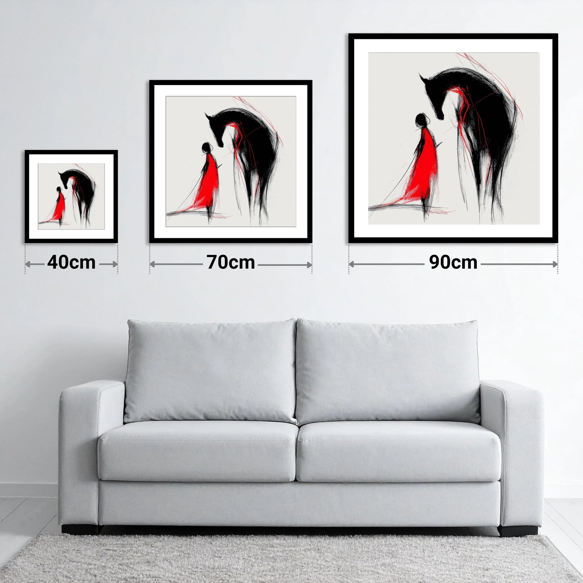 Crimson Bond - size guide showing 40cm, 70cm and 90cm art prints