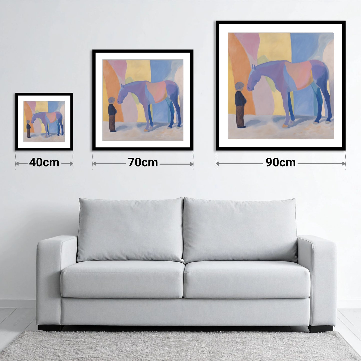 Shared Silence - size guide showing 40cm, 70cm and 90cm art prints