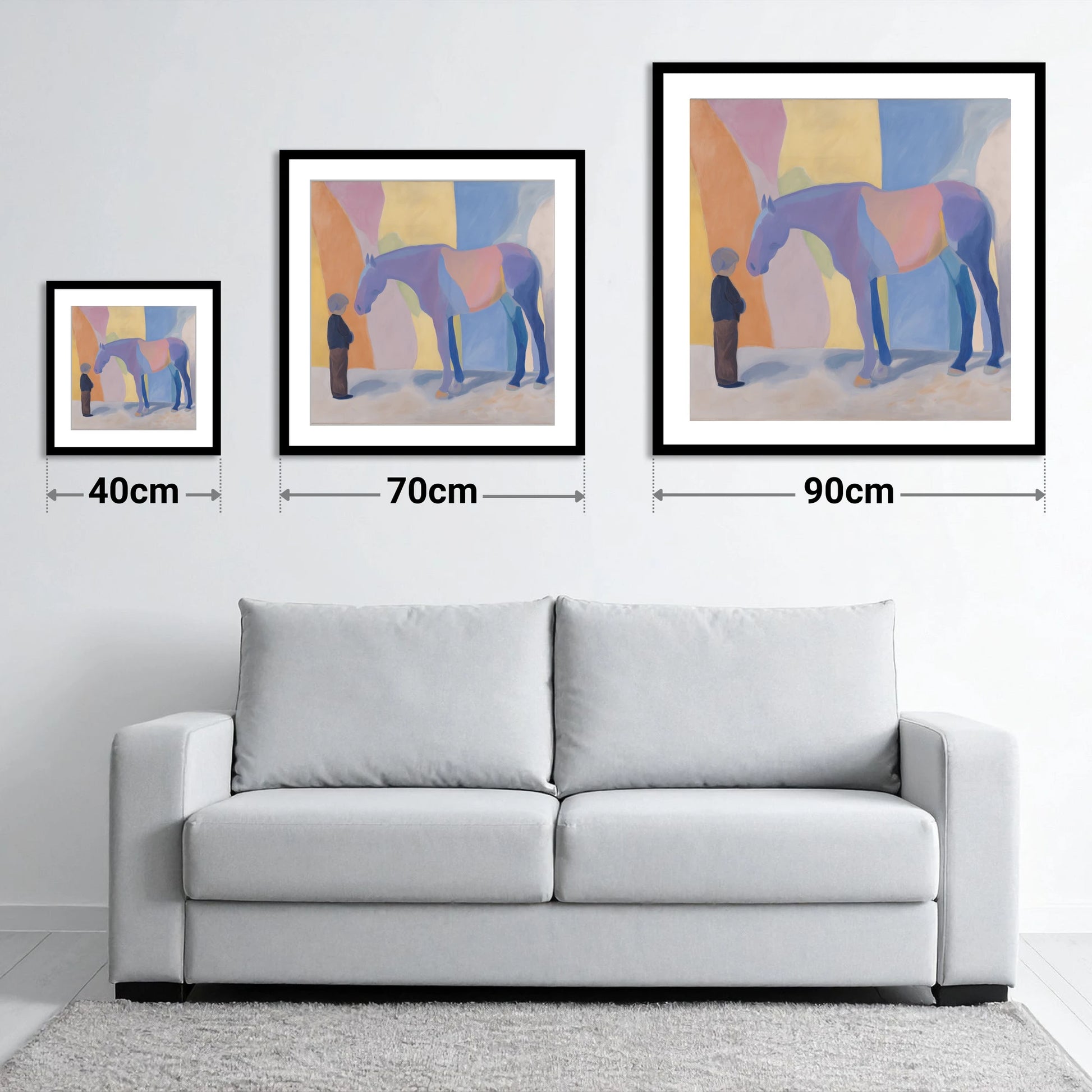 Shared Silence - size guide showing 40cm, 70cm and 90cm art prints