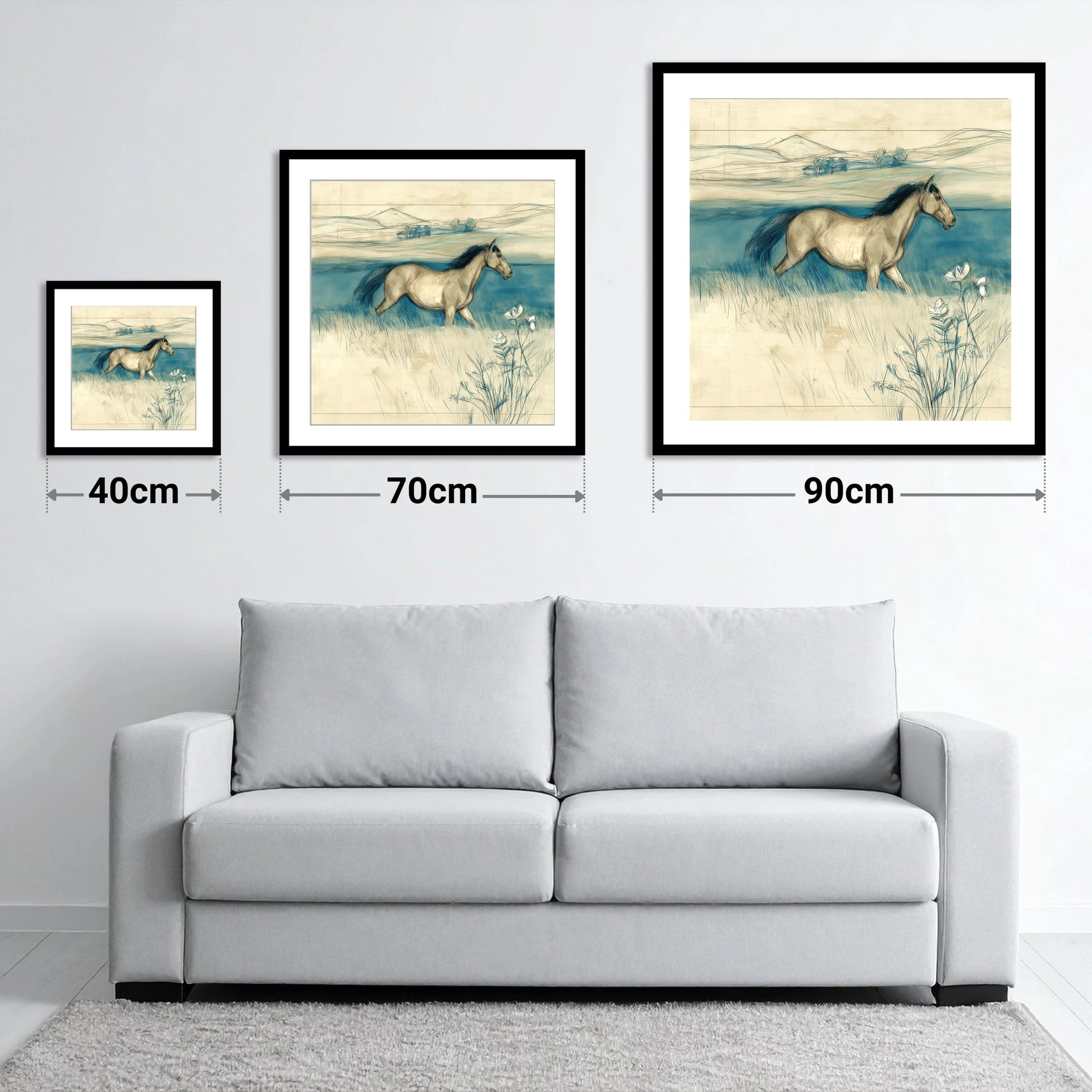 Teal Horizon Canter - size guide showing 40cm, 70cm and 90cm art prints