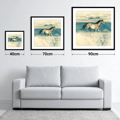Teal Horizon Canter - size guide showing 40cm, 70cm and 90cm art prints