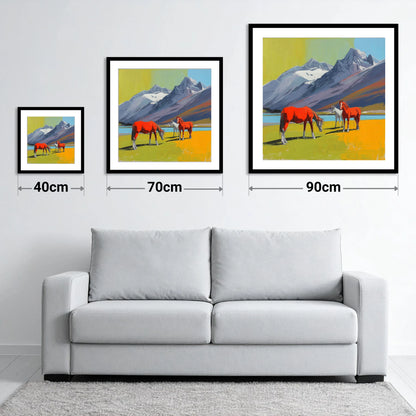 Vibrant Mountain Grazing - size guide showing 40cm, 70cm and 90cm art prints