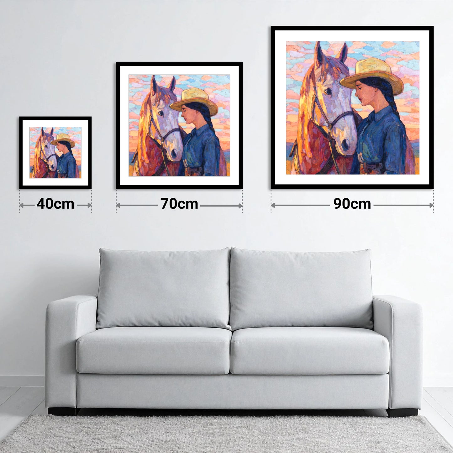 The Sundown Bond - size guide showing 40cm, 70cm and 90cm art prints