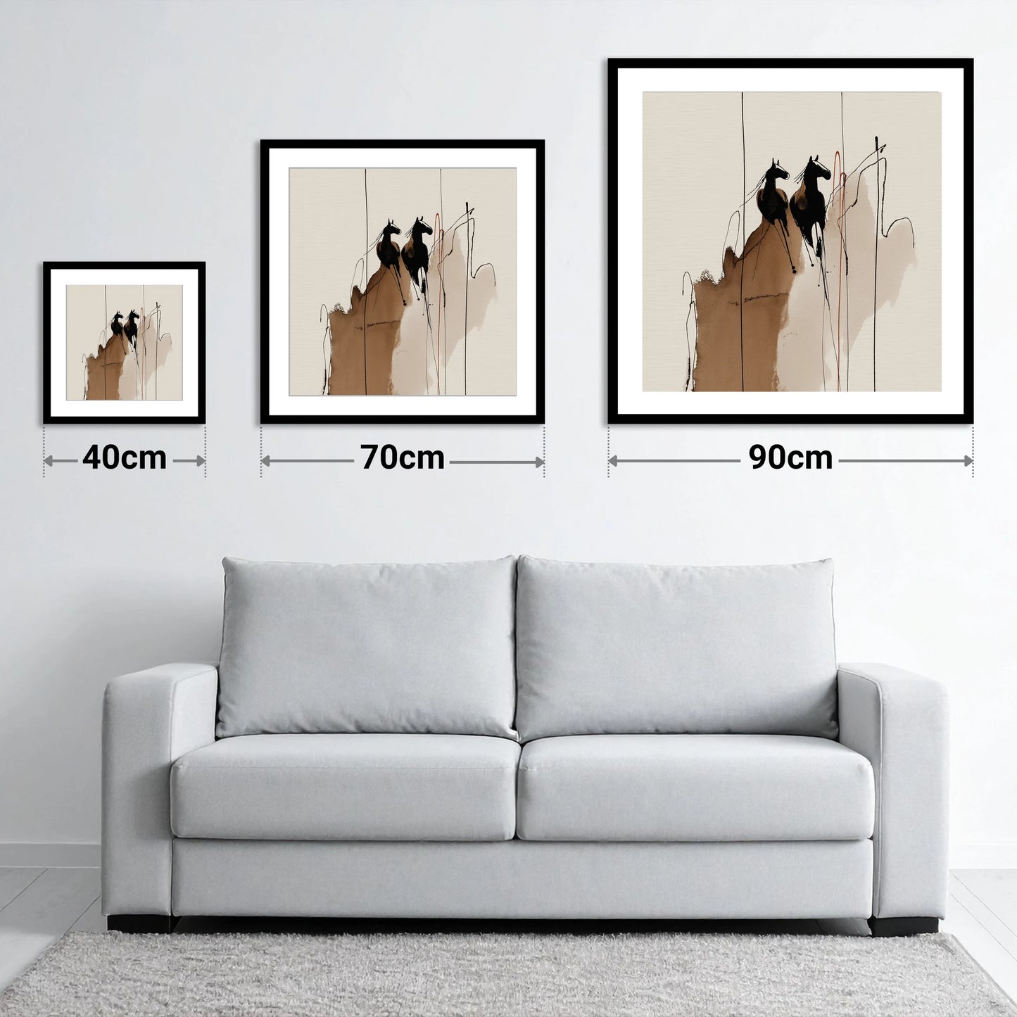 Sepia Shadows - size guide showing 40cm, 70cm and 90cm art prints