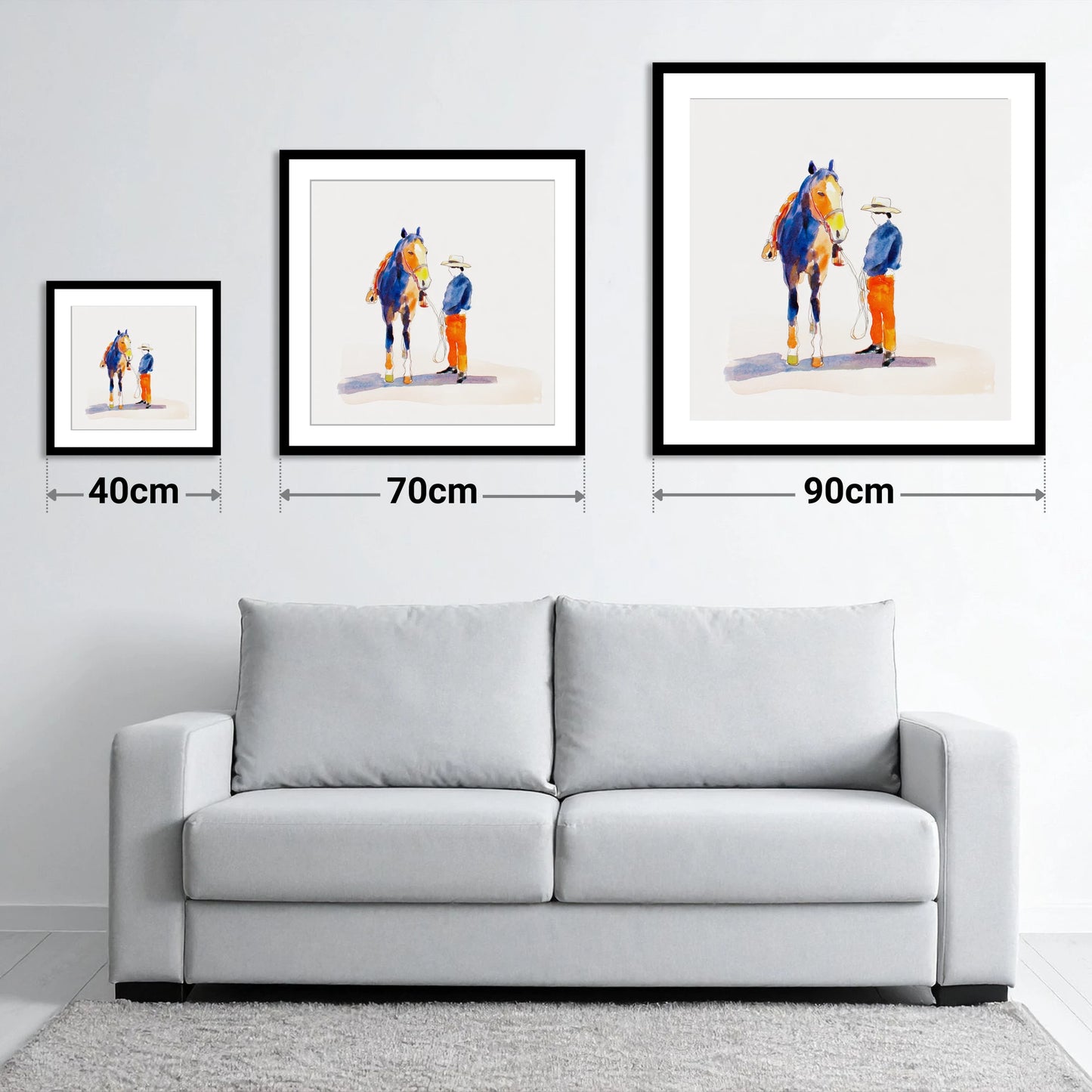 Vivid Western Partnership - size guide showing 40cm, 70cm and 90cm art prints