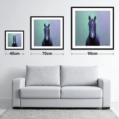The Violet Gaze - size guide showing 40cm, 70cm and 90cm art prints