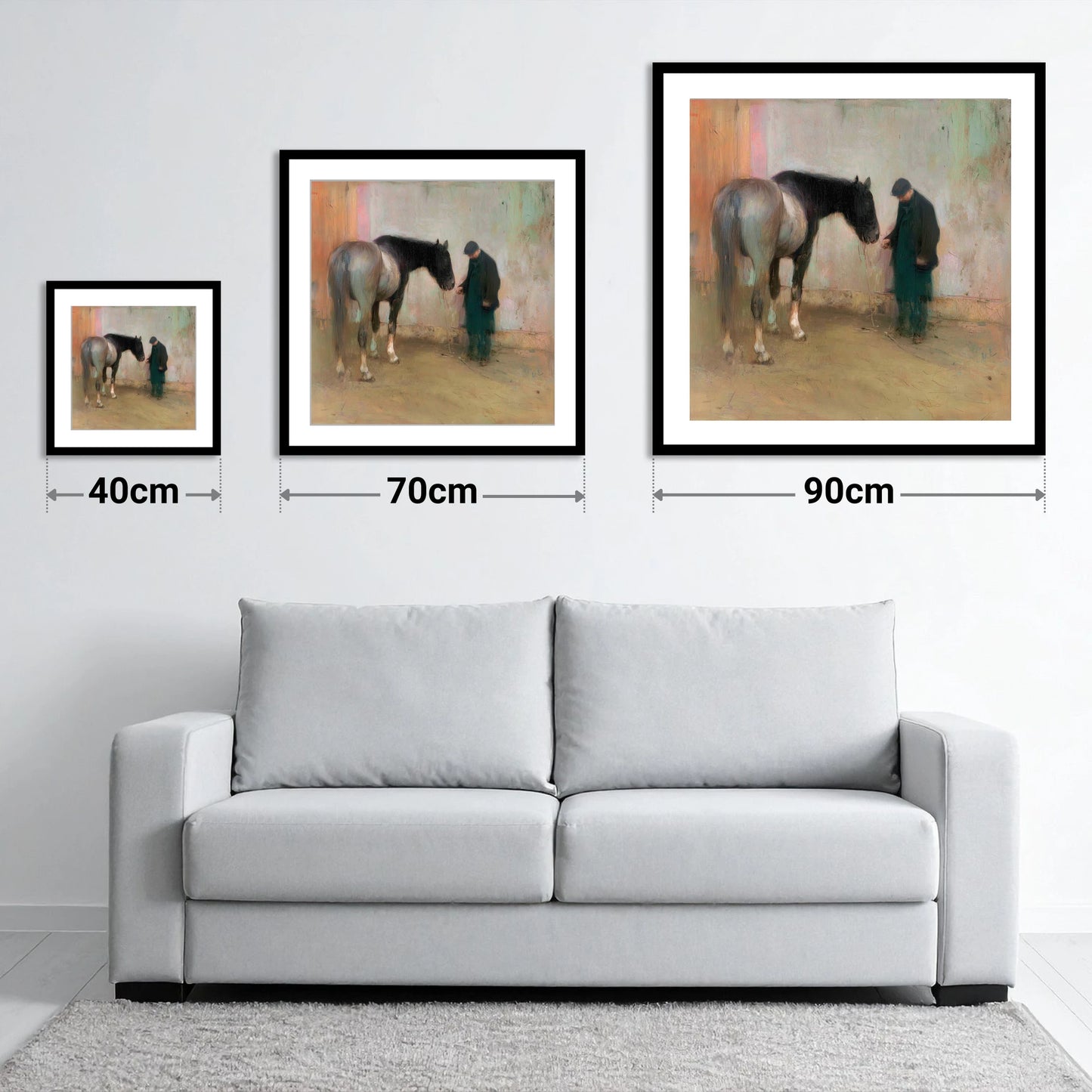 A Quiet Word - size guide showing 40cm, 70cm and 90cm art prints
