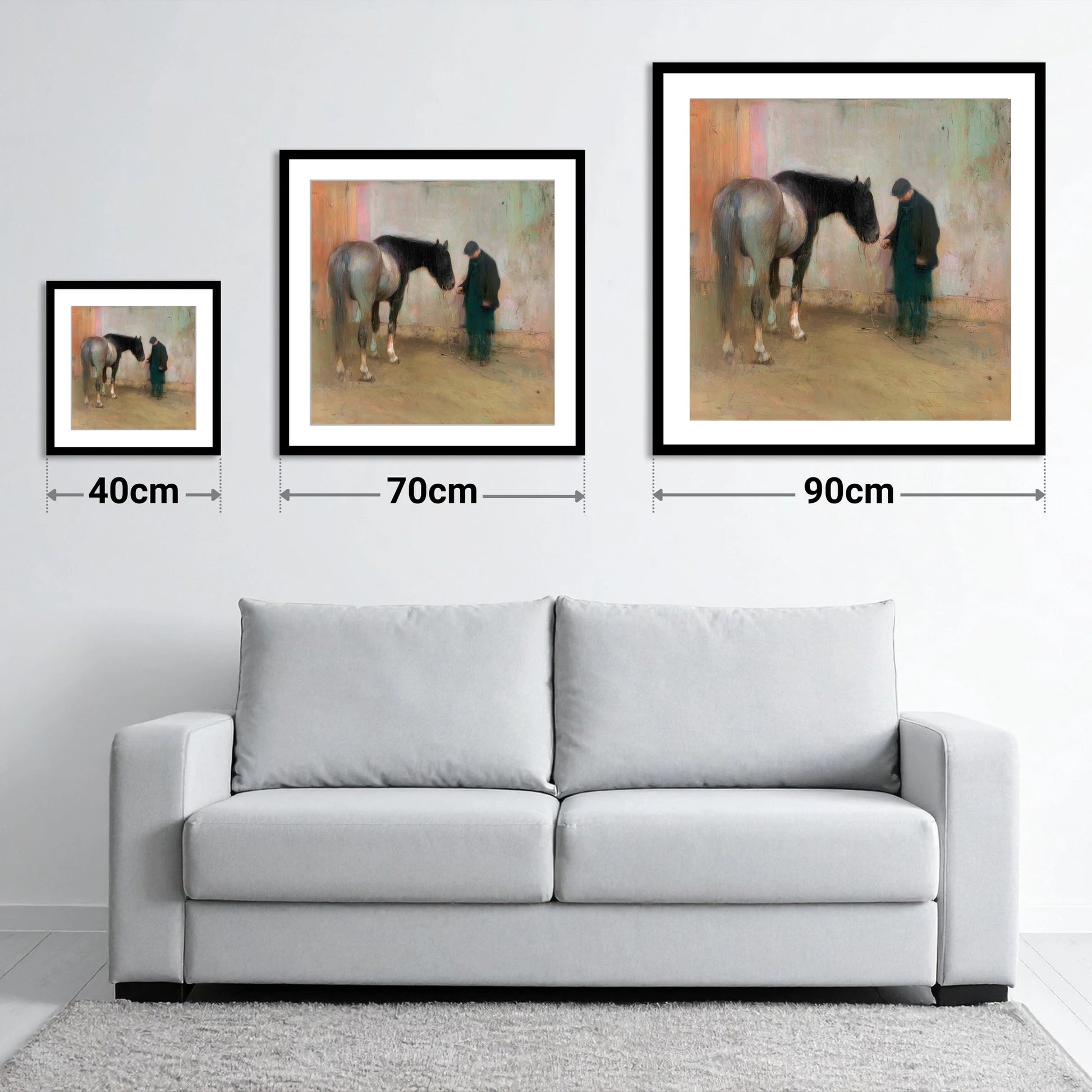 A Quiet Word - size guide showing 40cm, 70cm and 90cm art prints