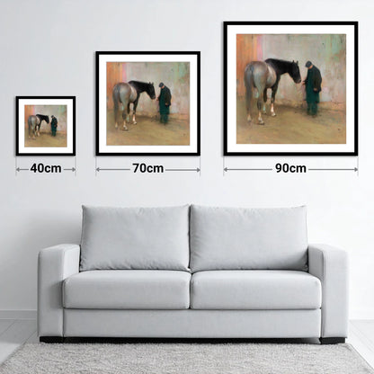 A Quiet Word - size guide showing 40cm, 70cm and 90cm art prints