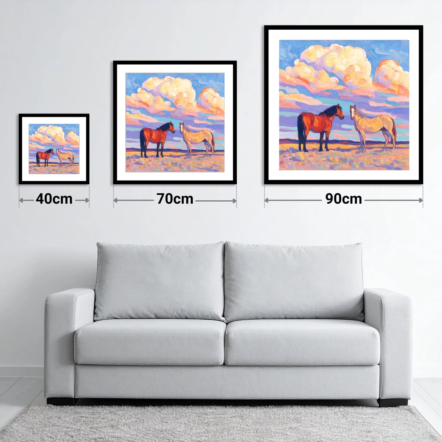 Under Painted Skies - size guide showing 40cm, 70cm and 90cm art prints
