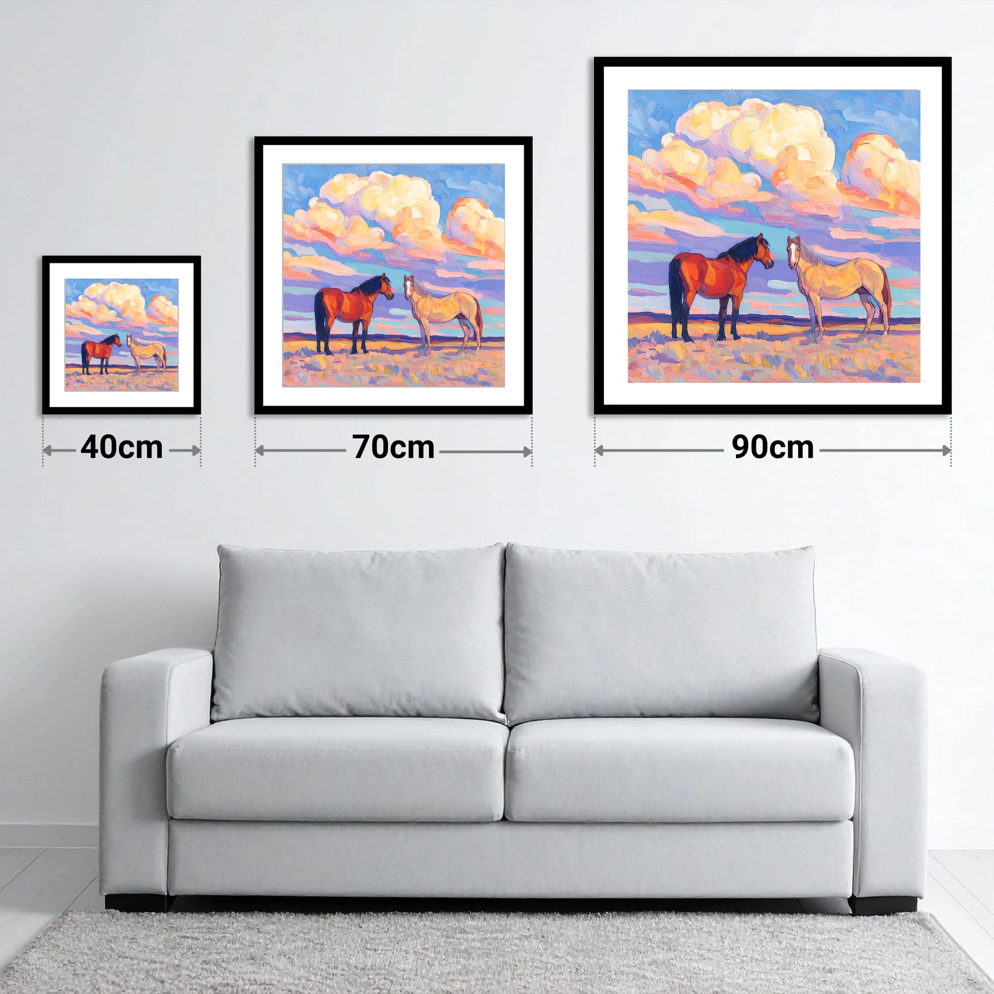 Under Painted Skies - size guide showing 40cm, 70cm and 90cm art prints