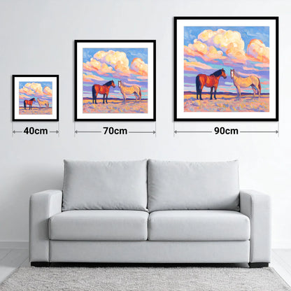 Under Painted Skies - size guide showing 40cm, 70cm and 90cm art prints