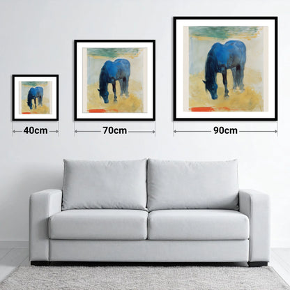 The Cerulean Grazer - size guide showing 40cm, 70cm and 90cm art prints