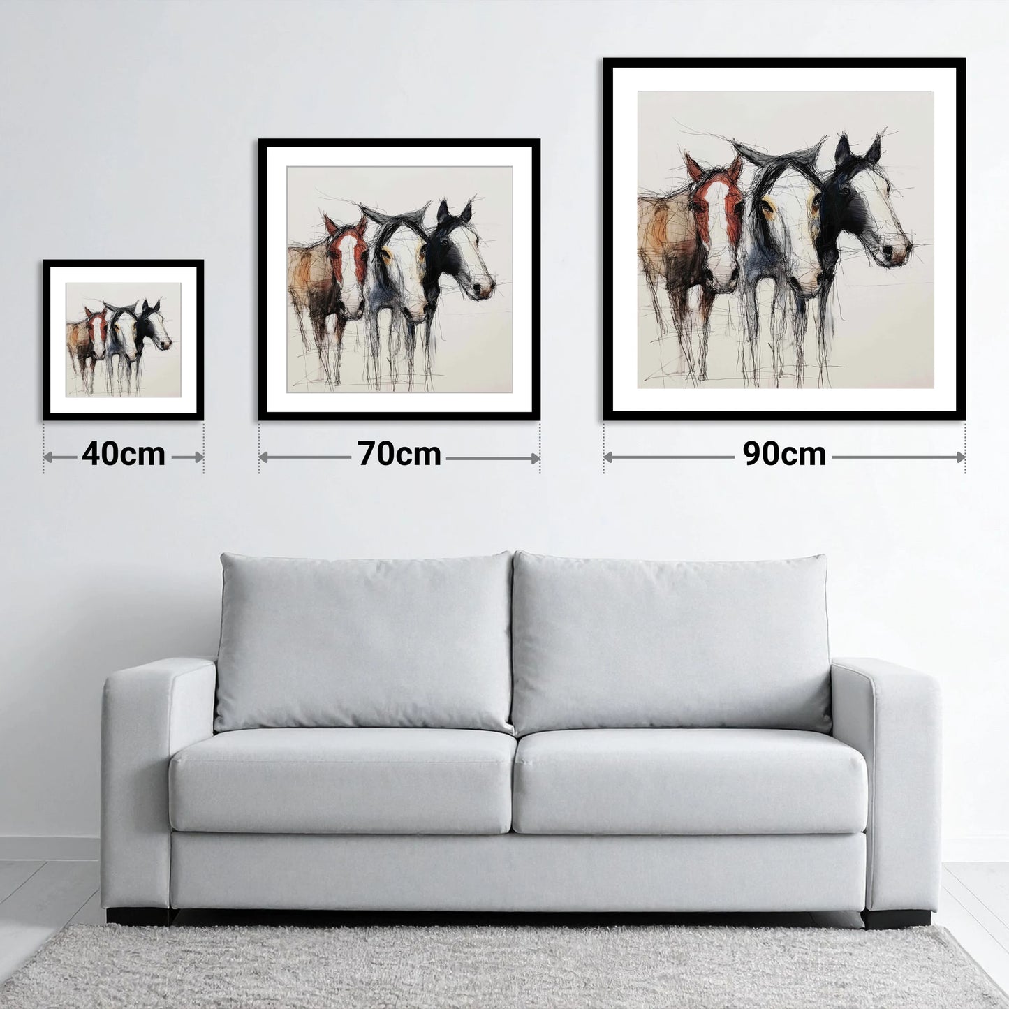 Restless Spirits - size guide showing 40cm, 70cm and 90cm art prints