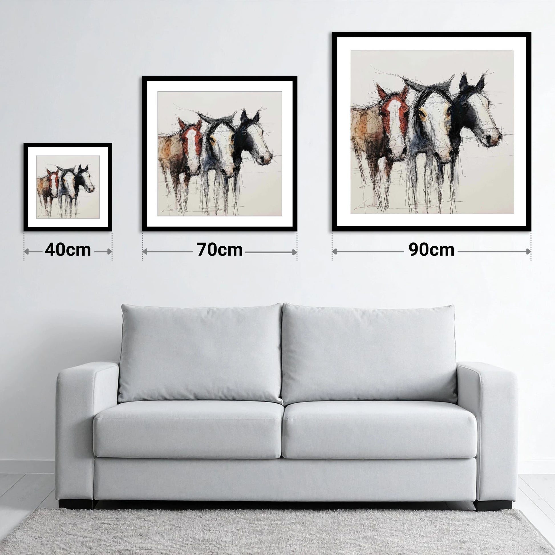 Restless Spirits - size guide showing 40cm, 70cm and 90cm art prints