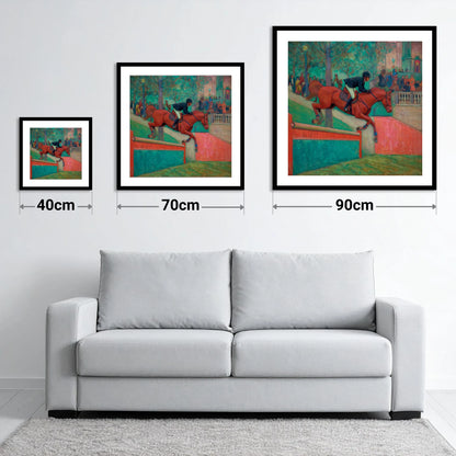 The Emerald Leap - size guide showing 40cm, 70cm and 90cm art prints