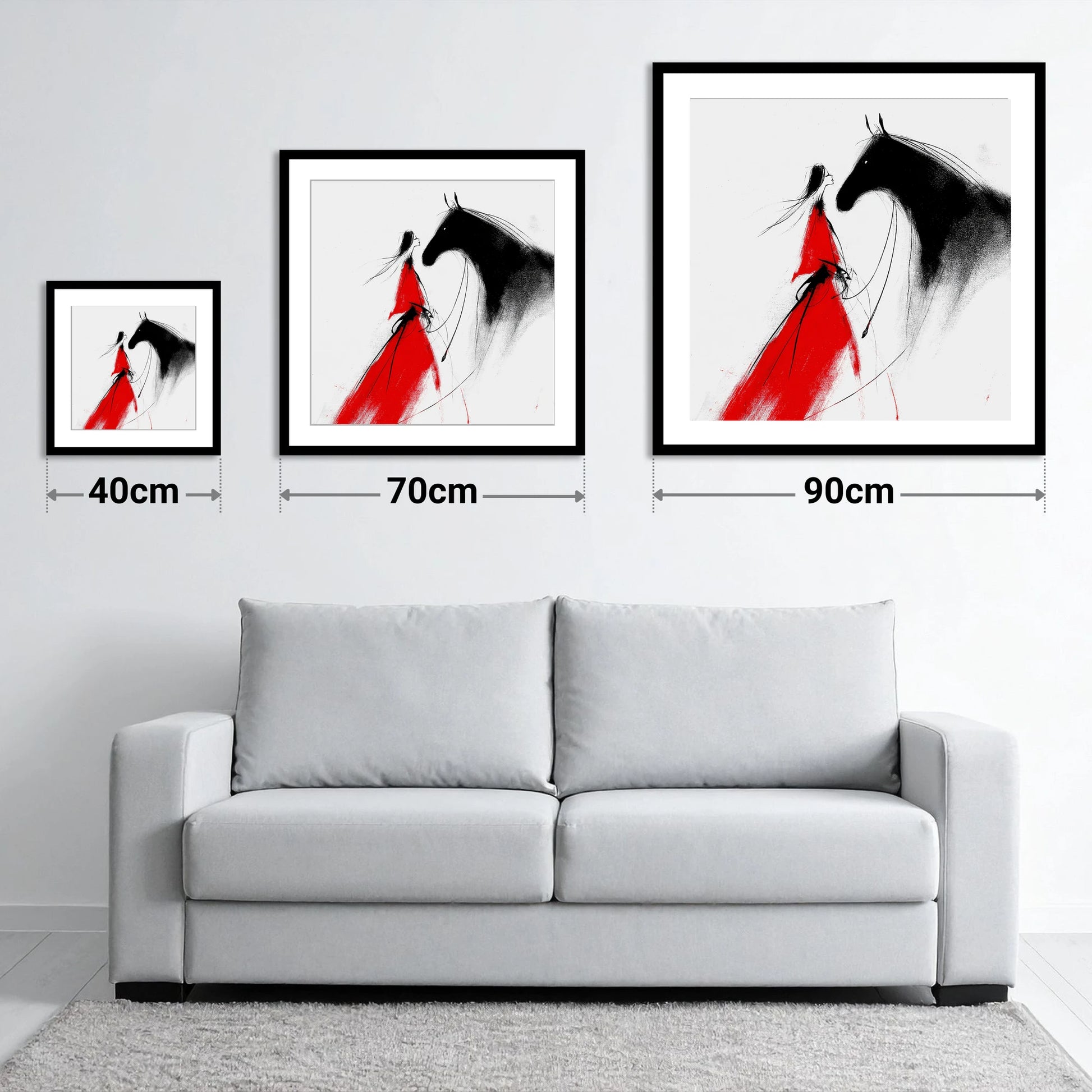 Scarlet and Shadow - size guide showing 40cm, 70cm and 90cm art prints