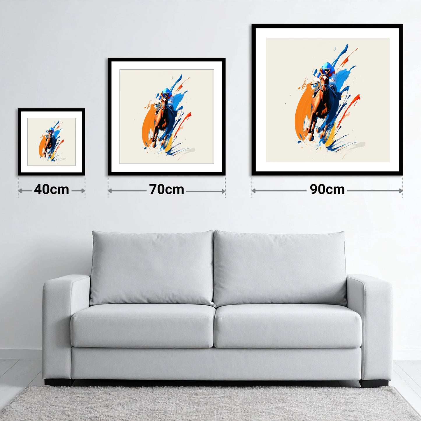 The Front Runner - size guide showing 40cm, 70cm and 90cm art prints