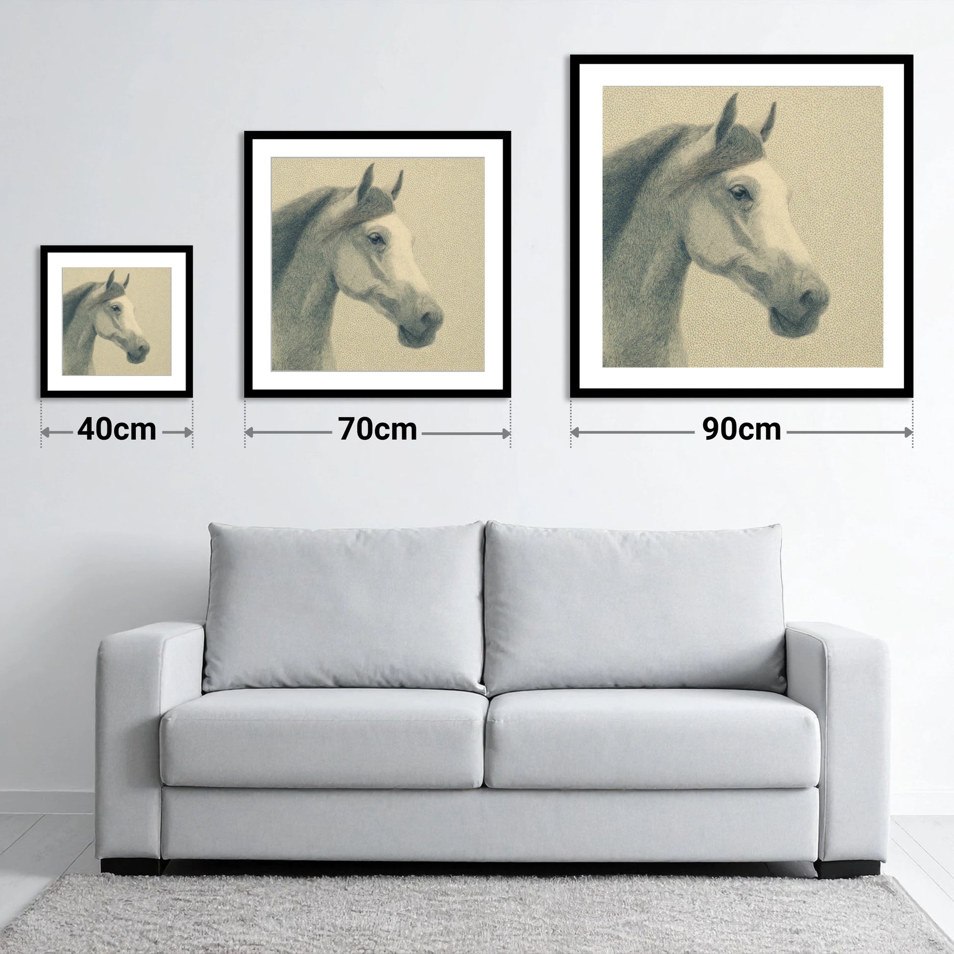Noble Engraved Profile - size guide showing 40cm, 70cm and 90cm art prints