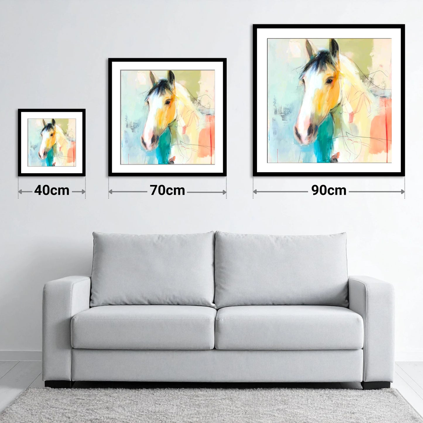 Quiet Grace in Ochre - size guide showing 40cm, 70cm and 90cm art prints